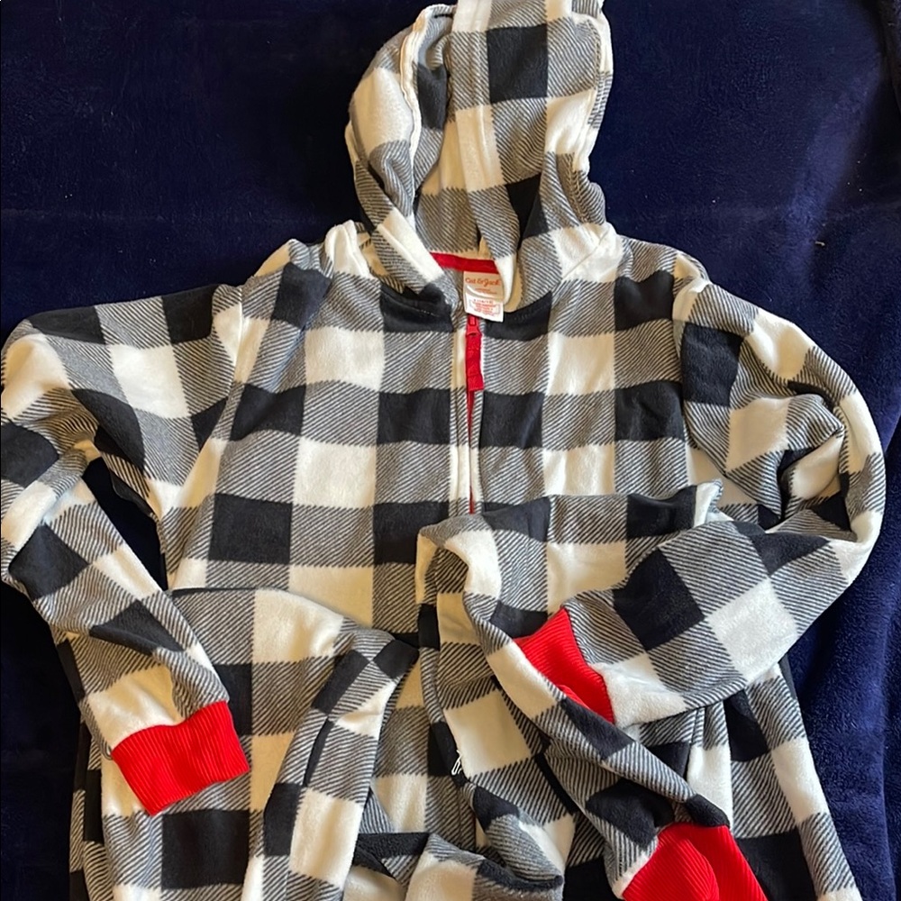 Plaid Hooded Onesie with Red Accents